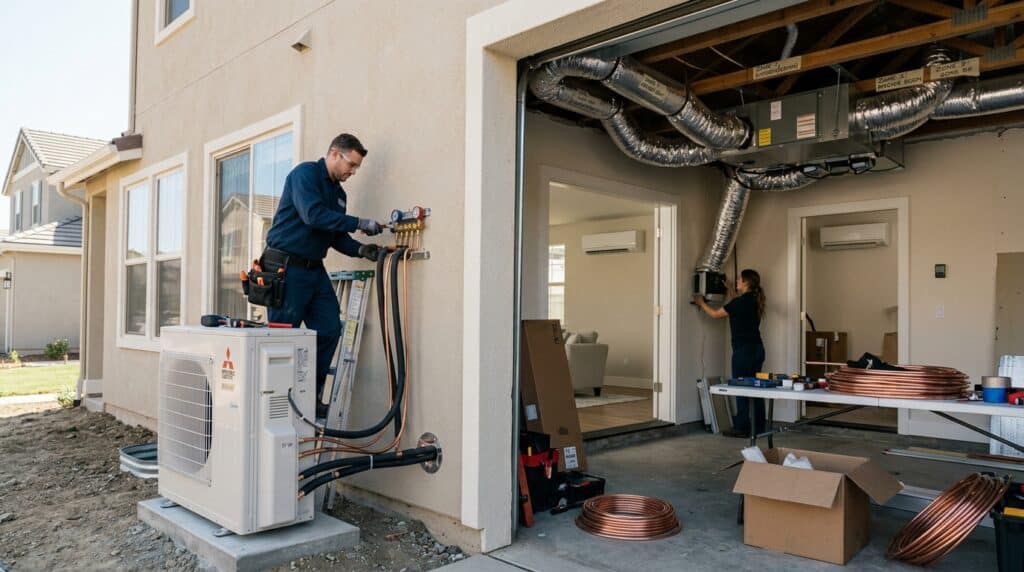 HVAC Angel technicians installing a residential heating and cooling system in Seattle