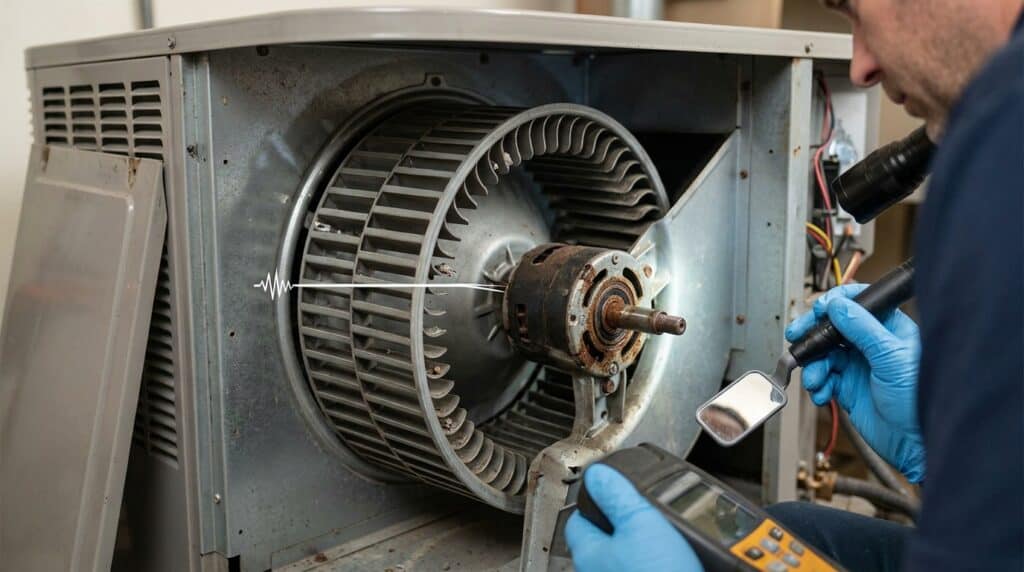 Technician inspecting an HVAC blower wheel and motor for airflow problems
