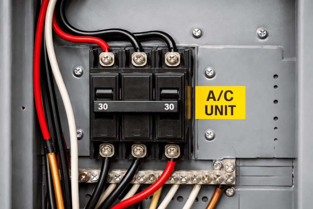 Electrical circuit breaker panel inspected during AC troubleshooting