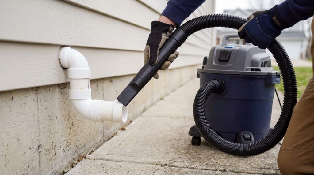 Technician clearing a clogged air conditioner condensate drain line