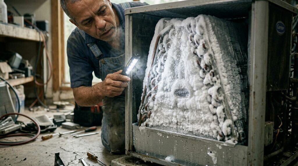 Frozen evaporator coil with visible ice buildup