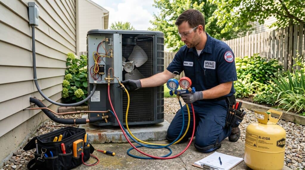 HVAC technician using refrigerant manifold gauges to diagnose a residential air conditioner