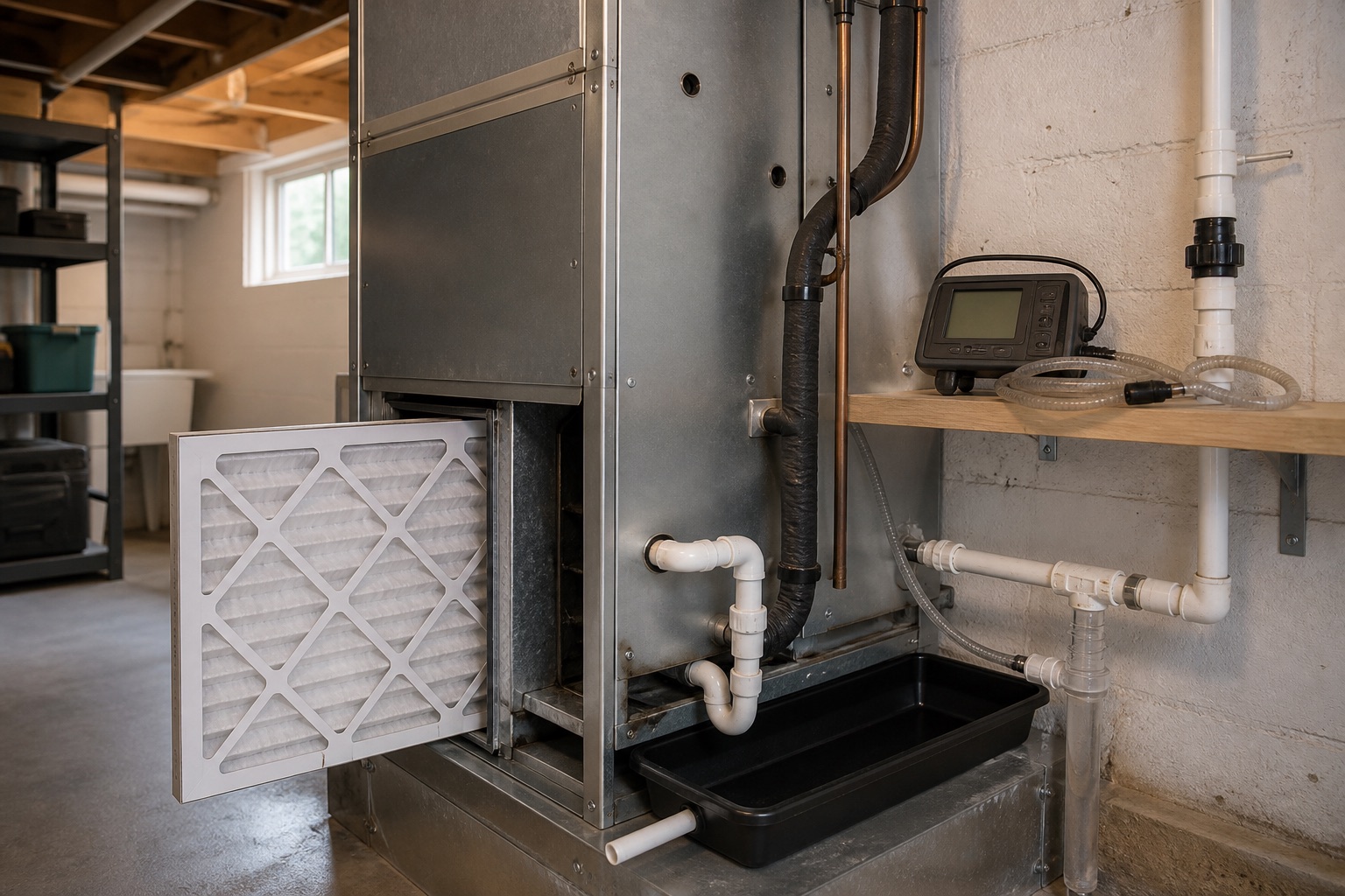 Air filter, condensate drain, and airflow instruments arranged beside an indoor AC unit