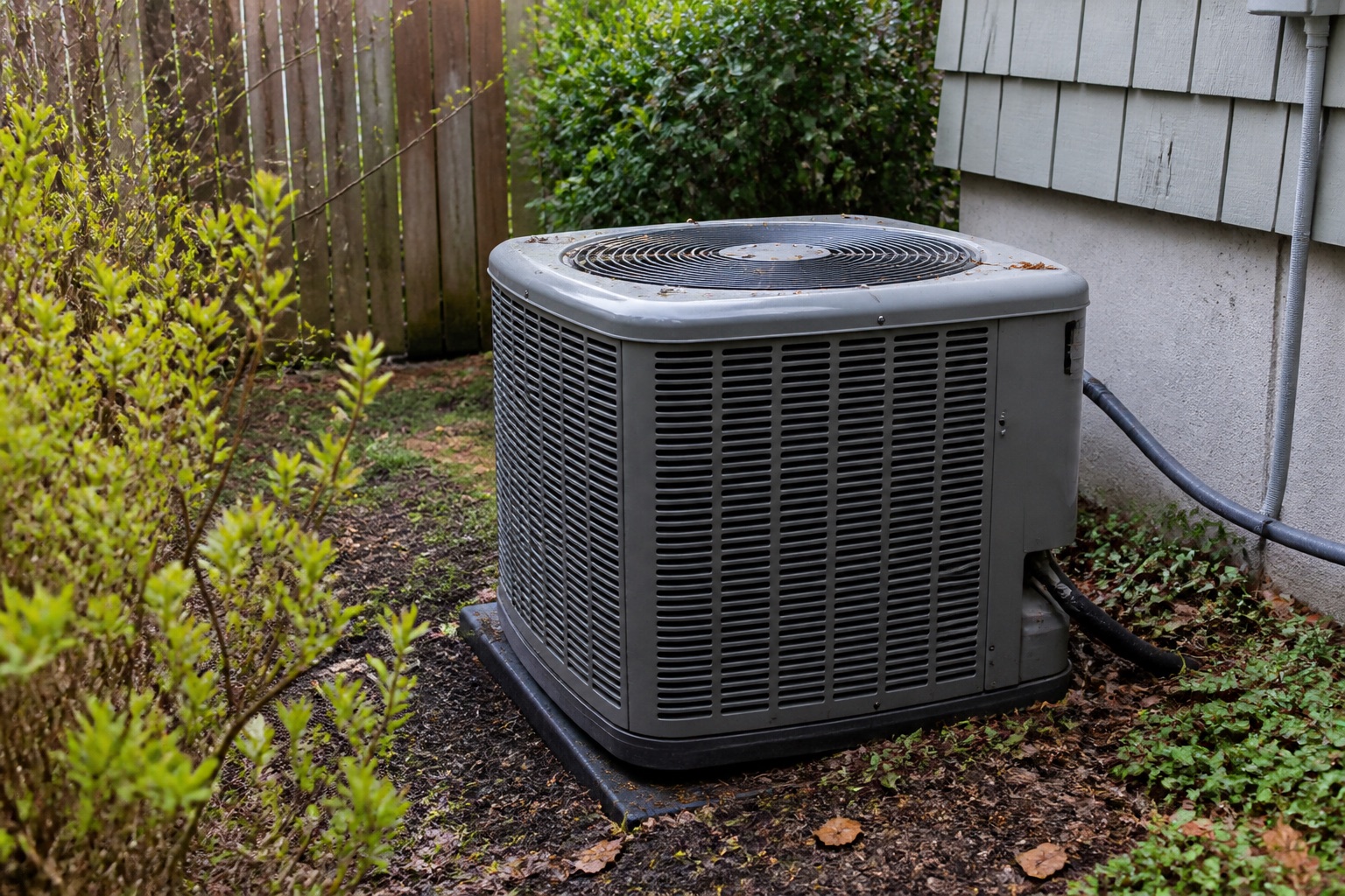 Residential air conditioner showing light seasonal debris before annual maintenance