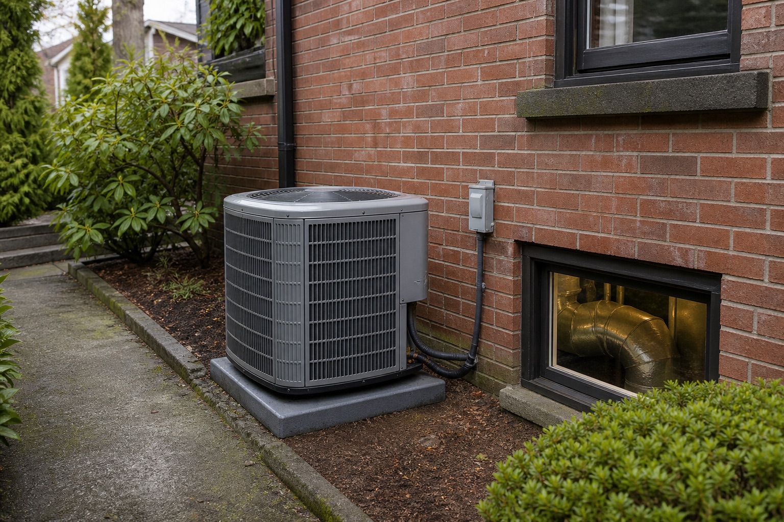 Central air conditioner condenser installed beside a Seattle residence