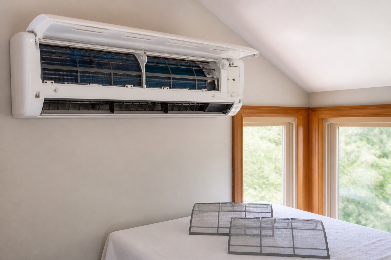 Open ductless mini-split head with clean filters ready for maintenance