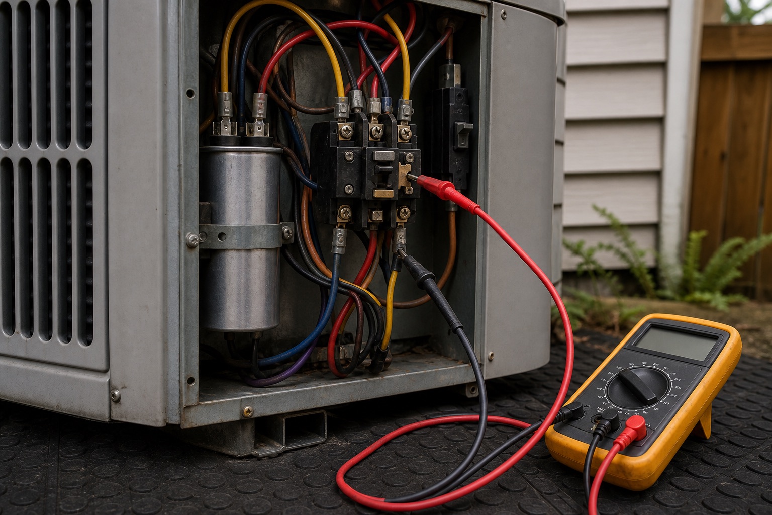 Multimeter leads connected to air conditioner electrical components during maintenance