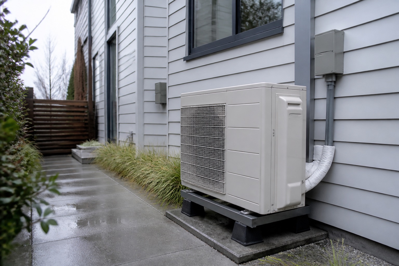 Modern heat pump installed in a rain-wet Seattle side yard