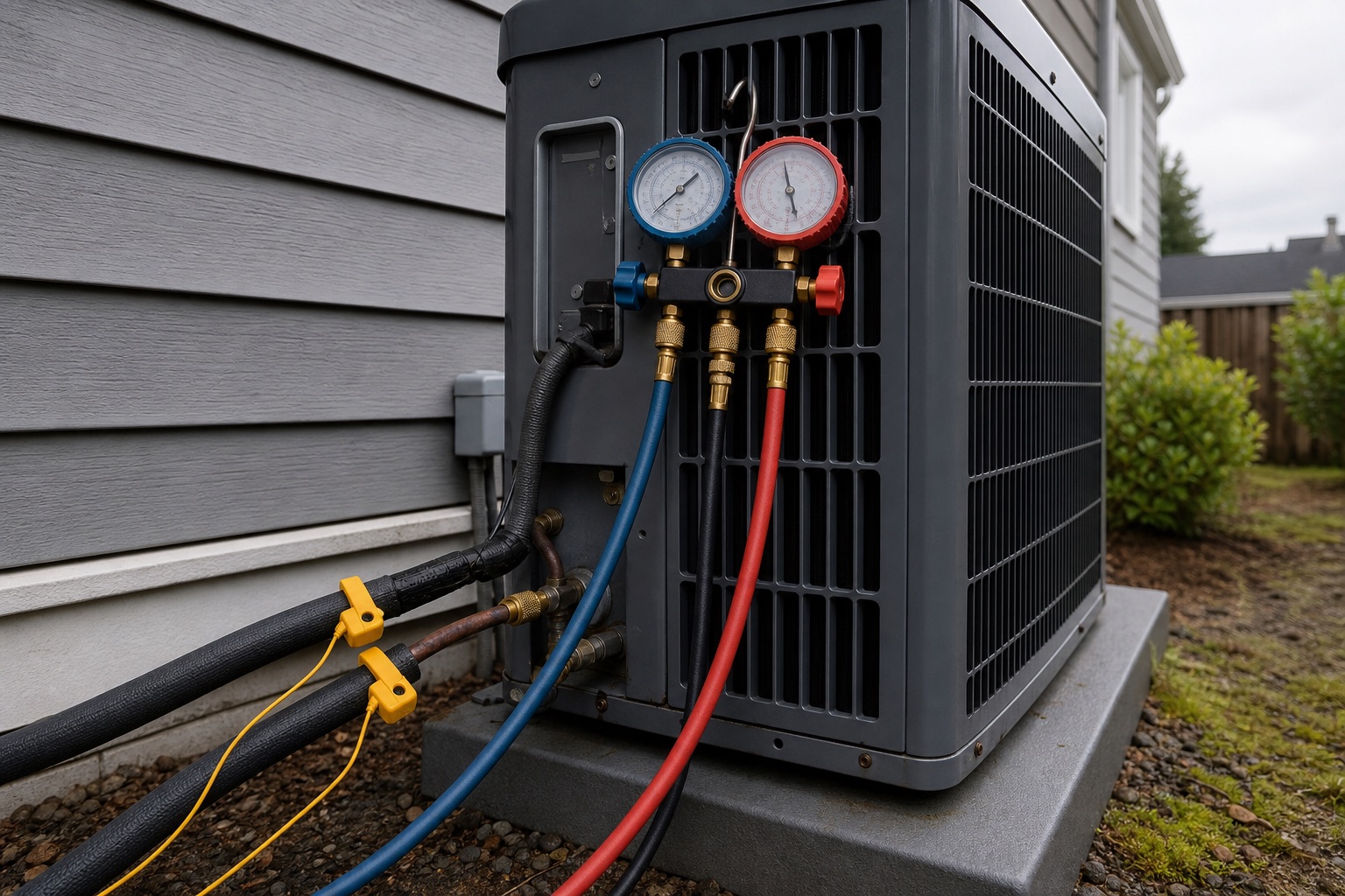 Refrigerant gauges connected to a residential air conditioner for performance testing