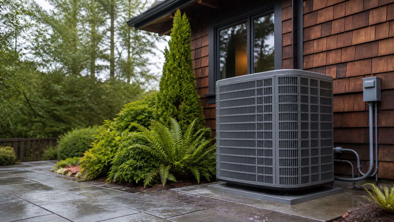Clean central air conditioner ready for summer beside a Seattle home