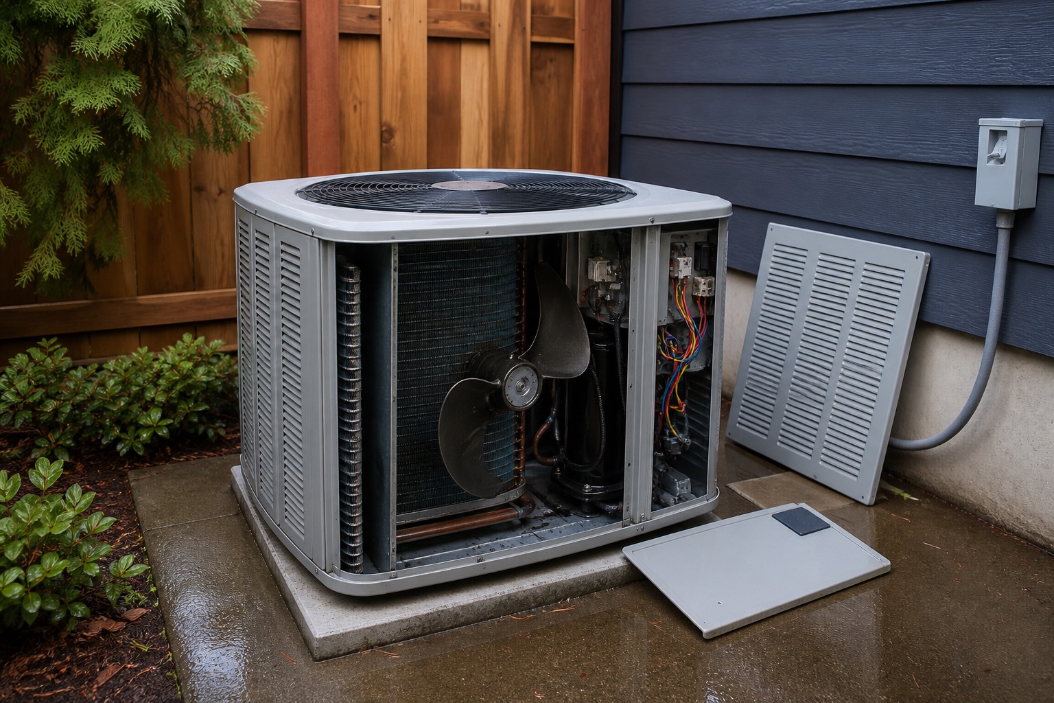 Open residential condenser prepared for a complete maintenance inspection