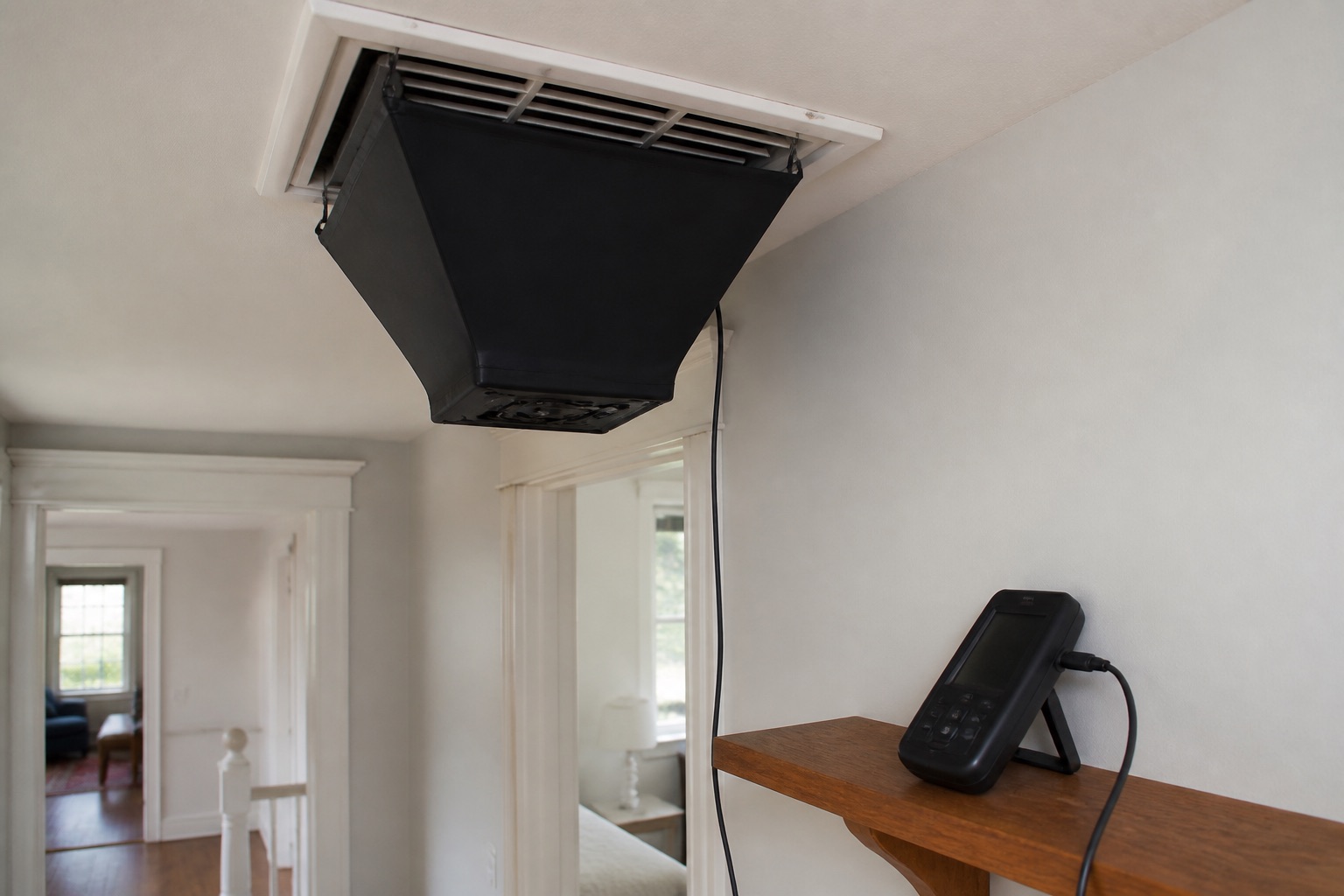 Airflow meter positioned over a supply register in an older Seattle home