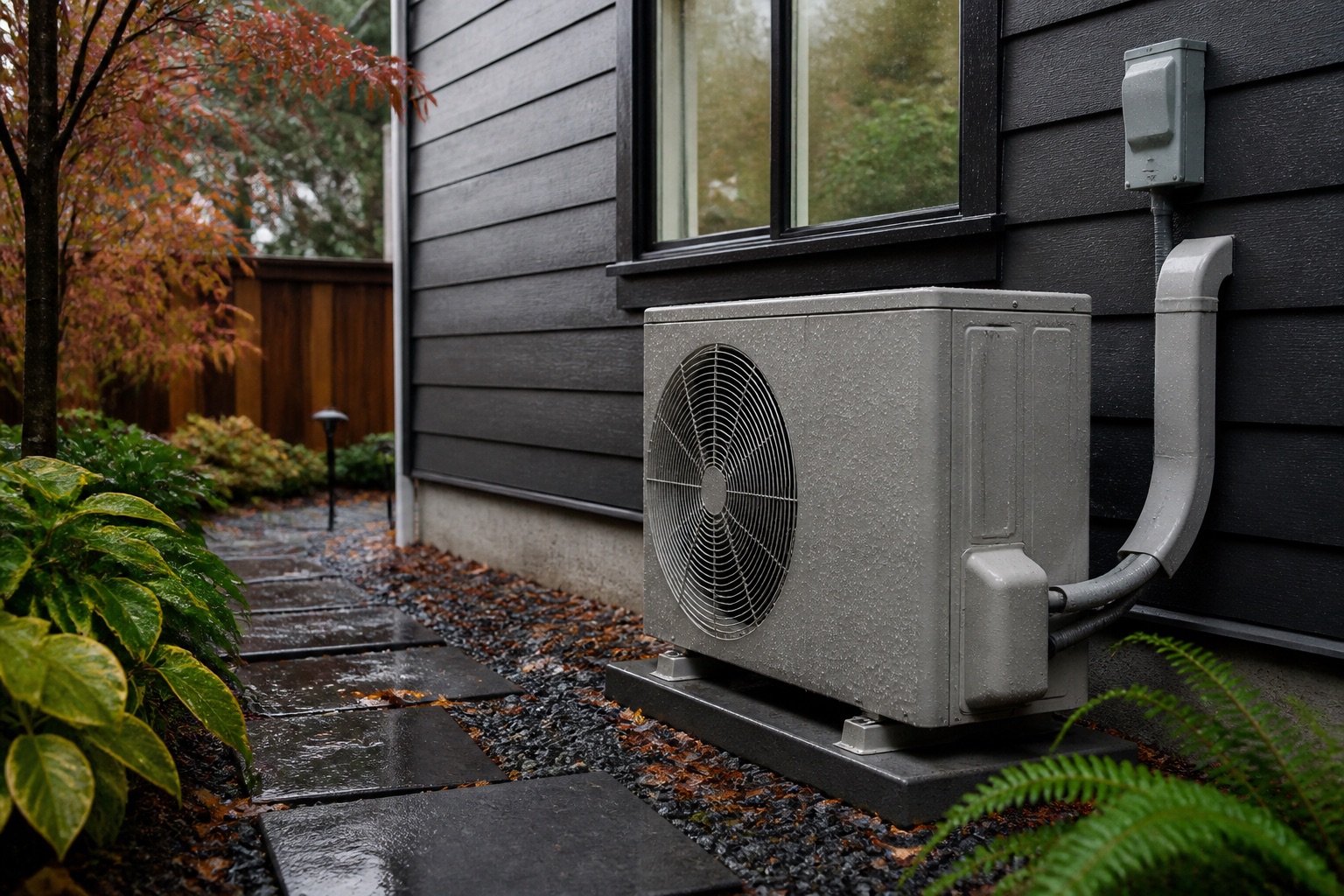 Ducted heat pump operating beside a Seattle home after light rain