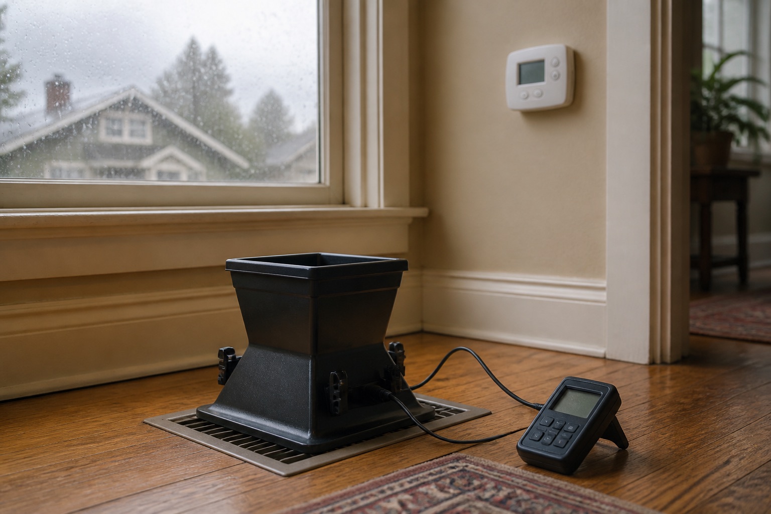 Airflow measurement setup over a floor register in a Seattle home