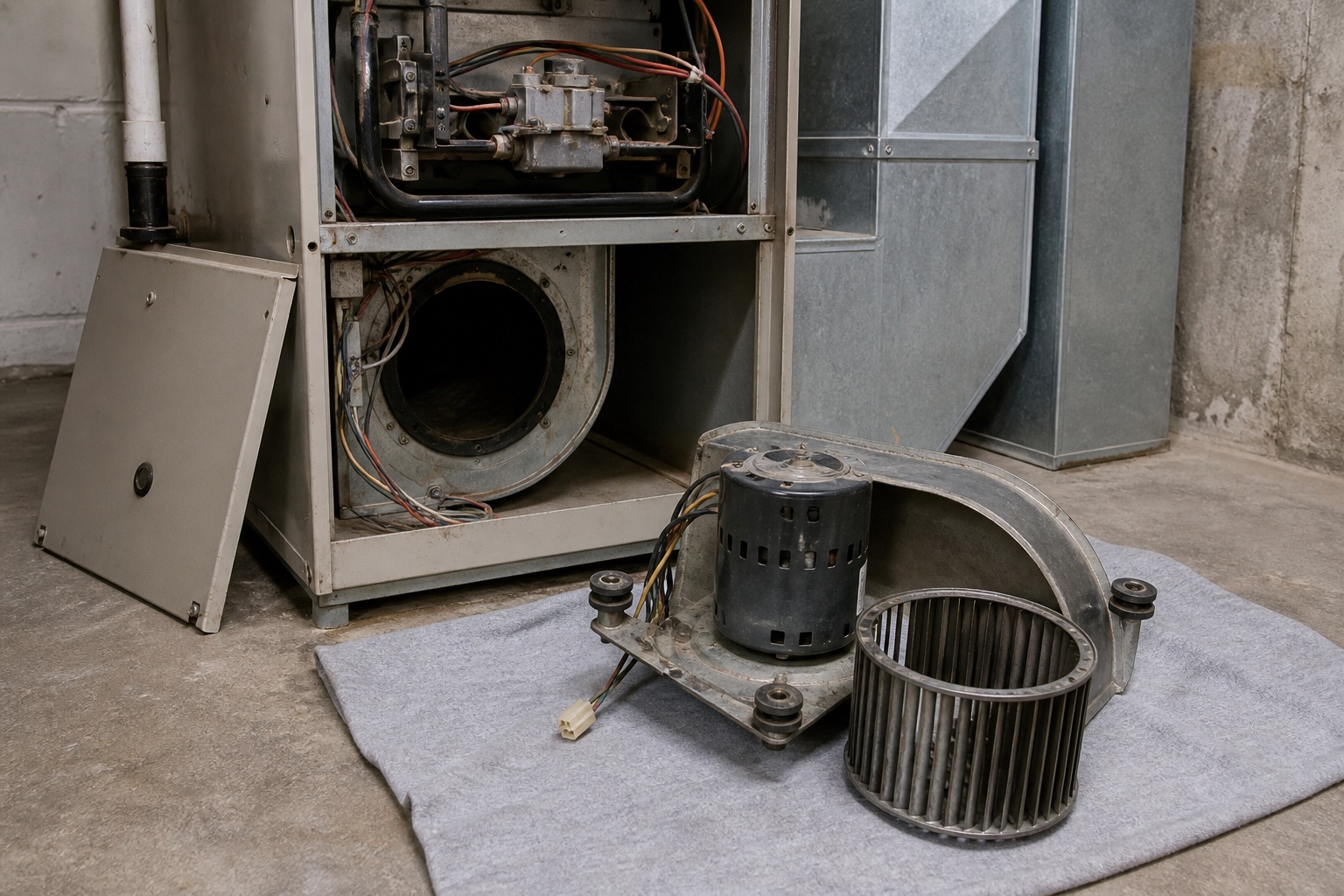 Worn blower motor and wheel removed from an older furnace