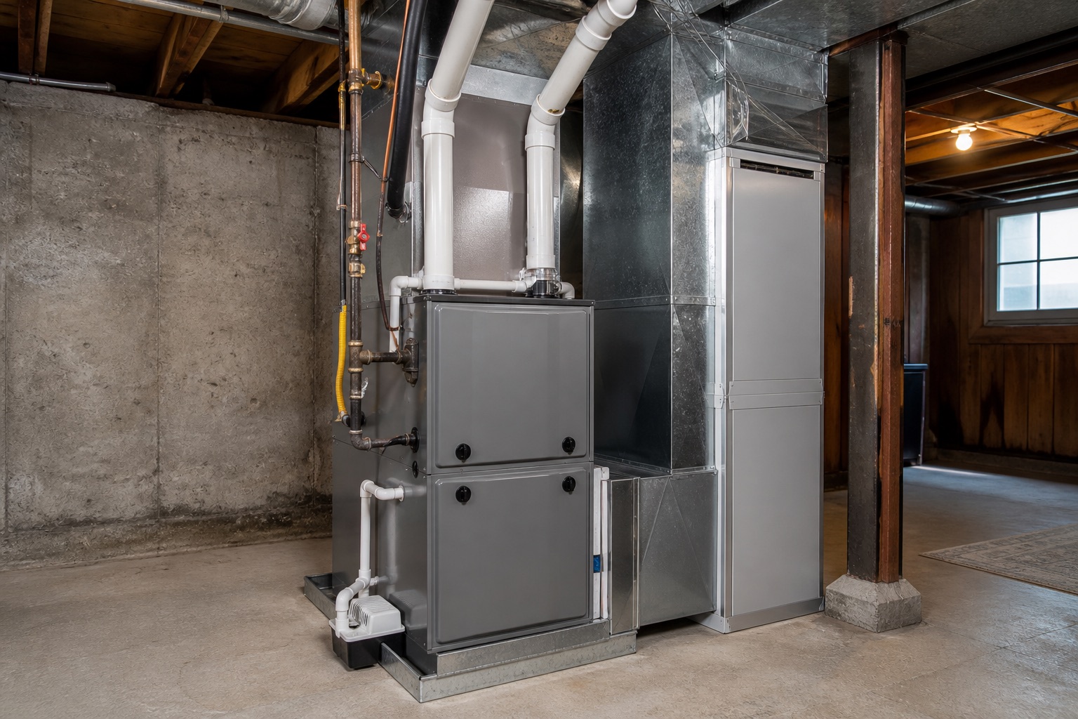 Furnace, indoor cooling coil, and ductwork installed as a combined HVAC system