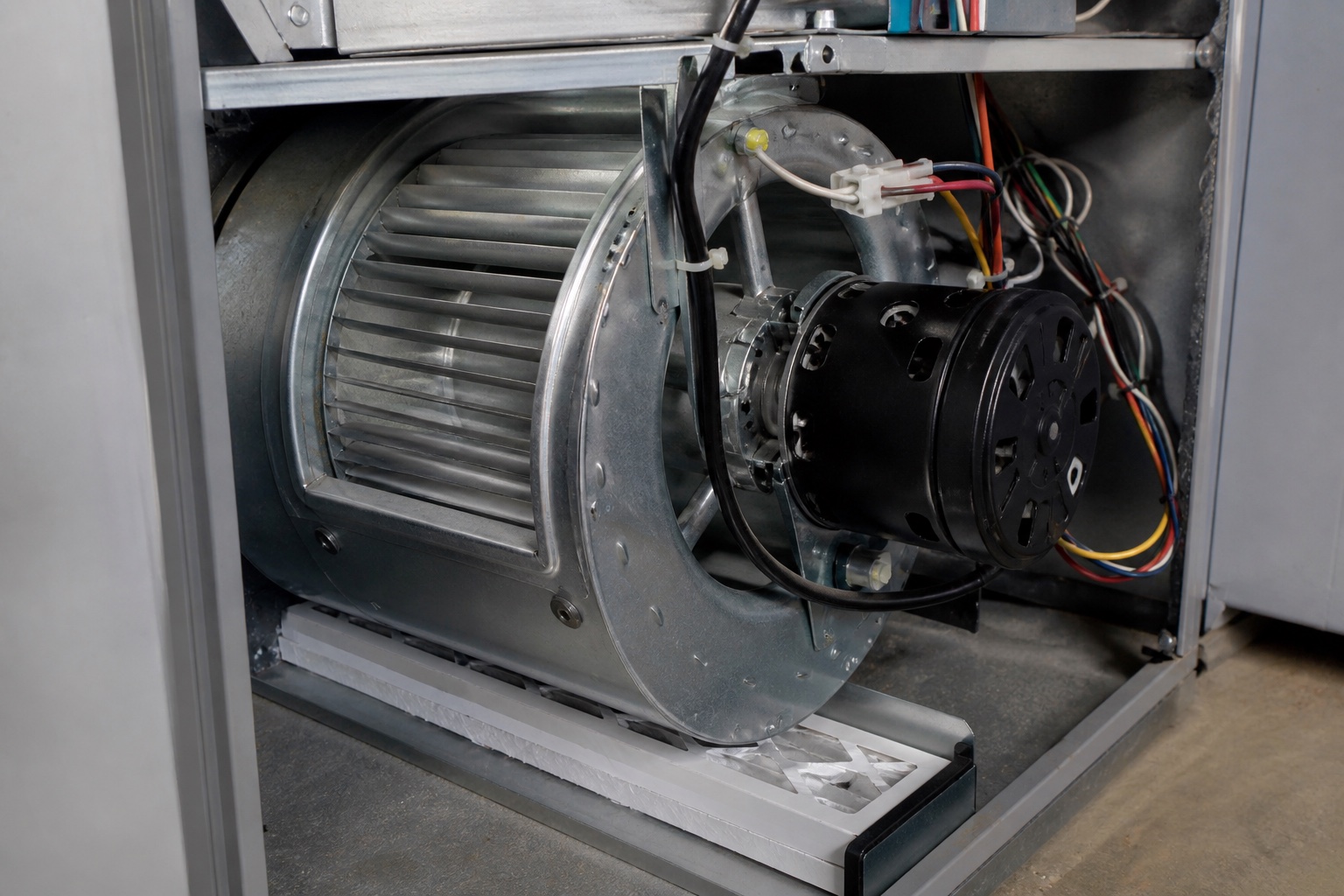 Furnace blower wheel and motor exposed for airflow and motor diagnosis