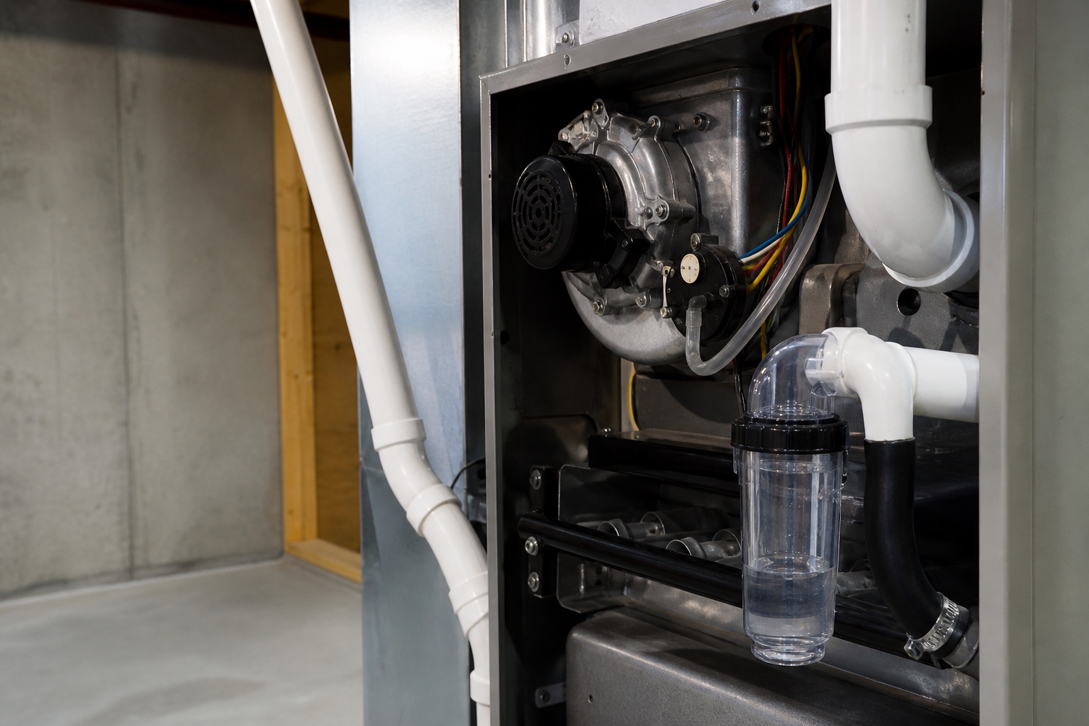 High-efficiency furnace inducer, pressure switch, PVC vent, and condensate trap