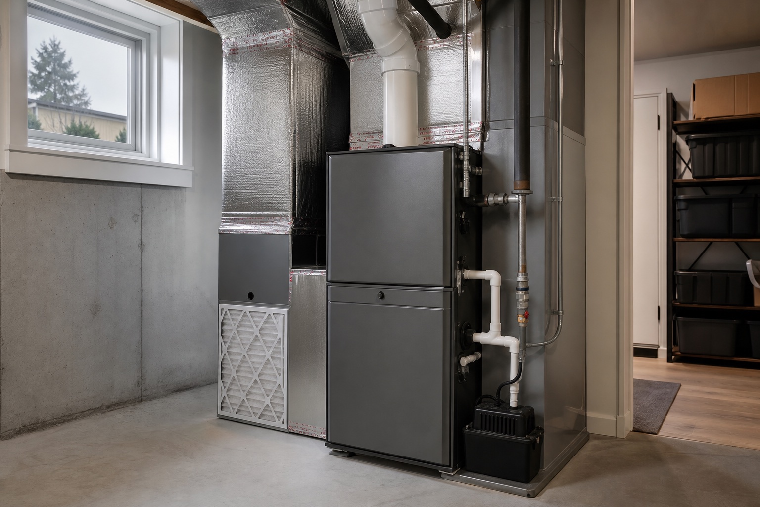High-efficiency variable-speed furnace with PVC venting and condensate pump