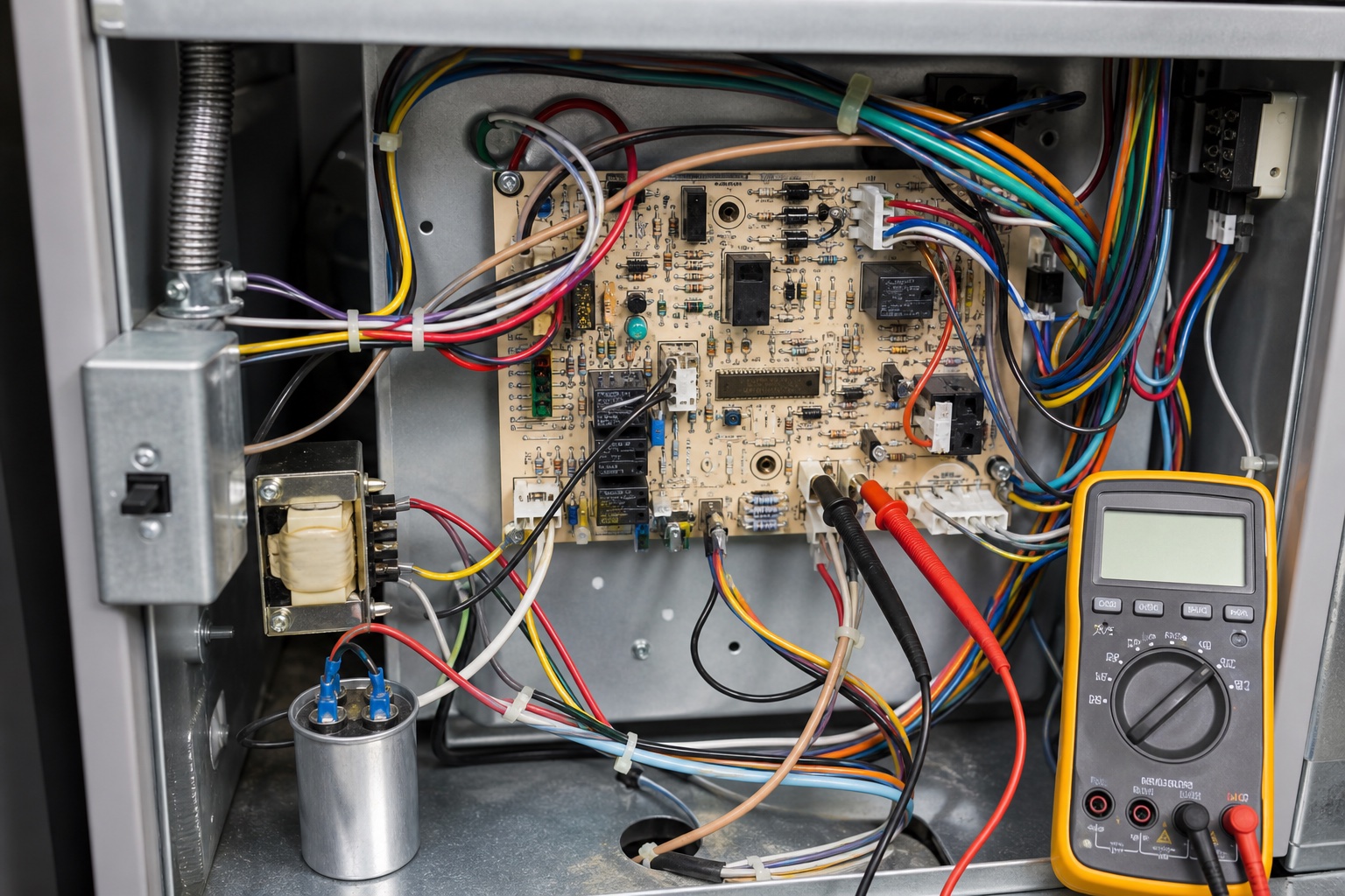 Furnace control board, transformer, wiring, capacitor, and multimeter during electrical diagnosis