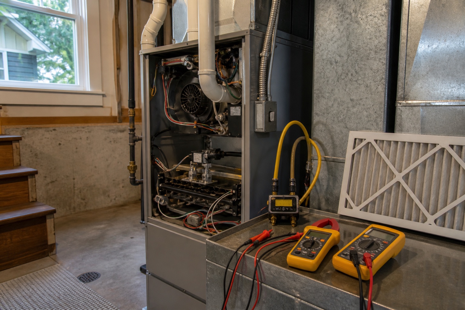 Open furnace with multimeter, manometer, filter, and diagnostic tools