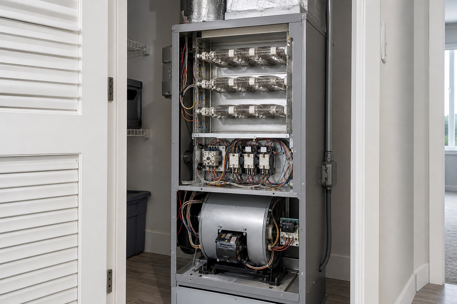 Electric furnace heating elements, sequencers, controls, and blower in a utility closet