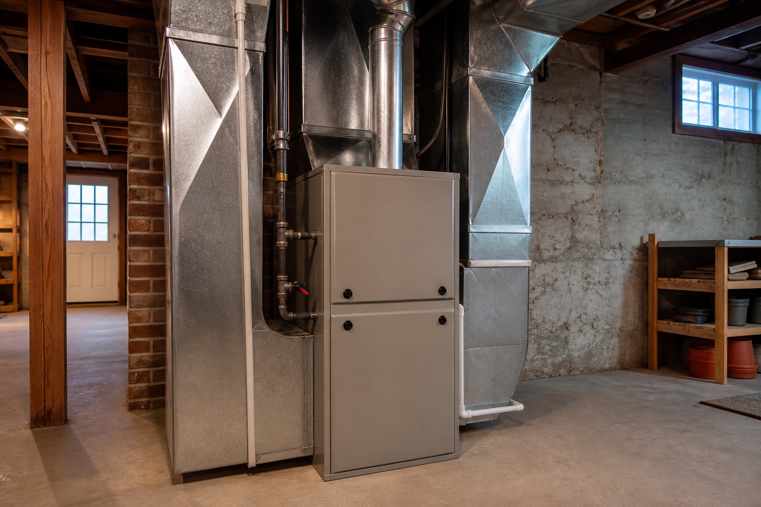 Conventional gas furnace and metal flue installed in an older Seattle basement