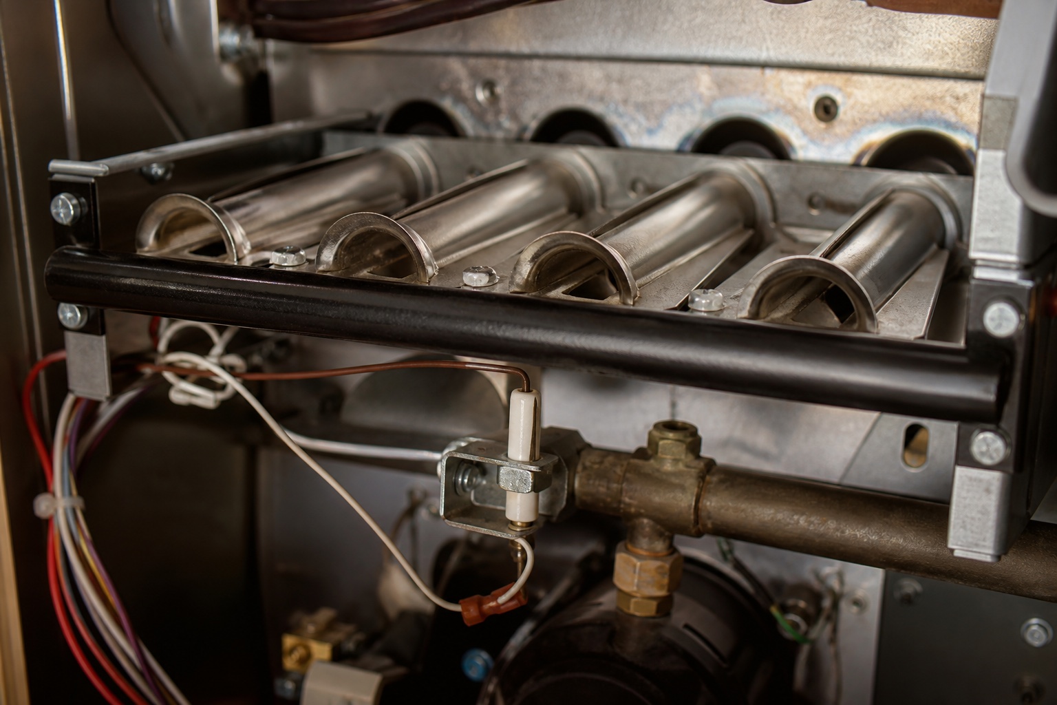 Residential furnace burner rack, igniter, and flame sensor prepared for diagnosis