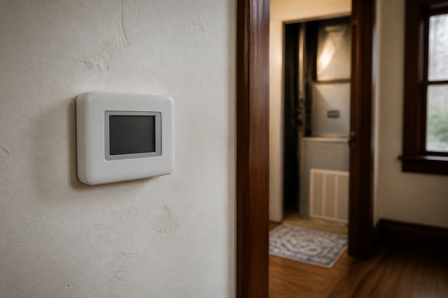 Blank wall thermostat with a residential furnace visible in the background