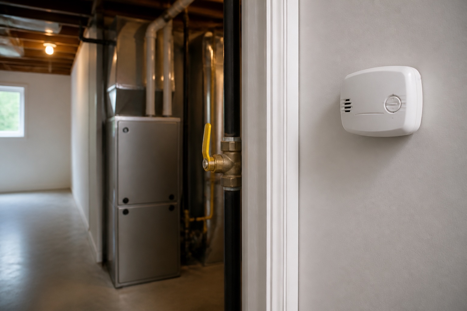 Carbon monoxide alarm, furnace, and manual gas shutoff in a basement mechanical area