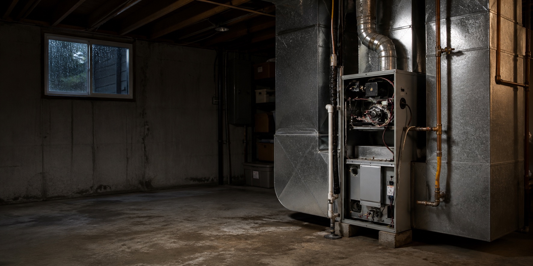 Open gas furnace in a rain-lit Seattle basement mechanical room