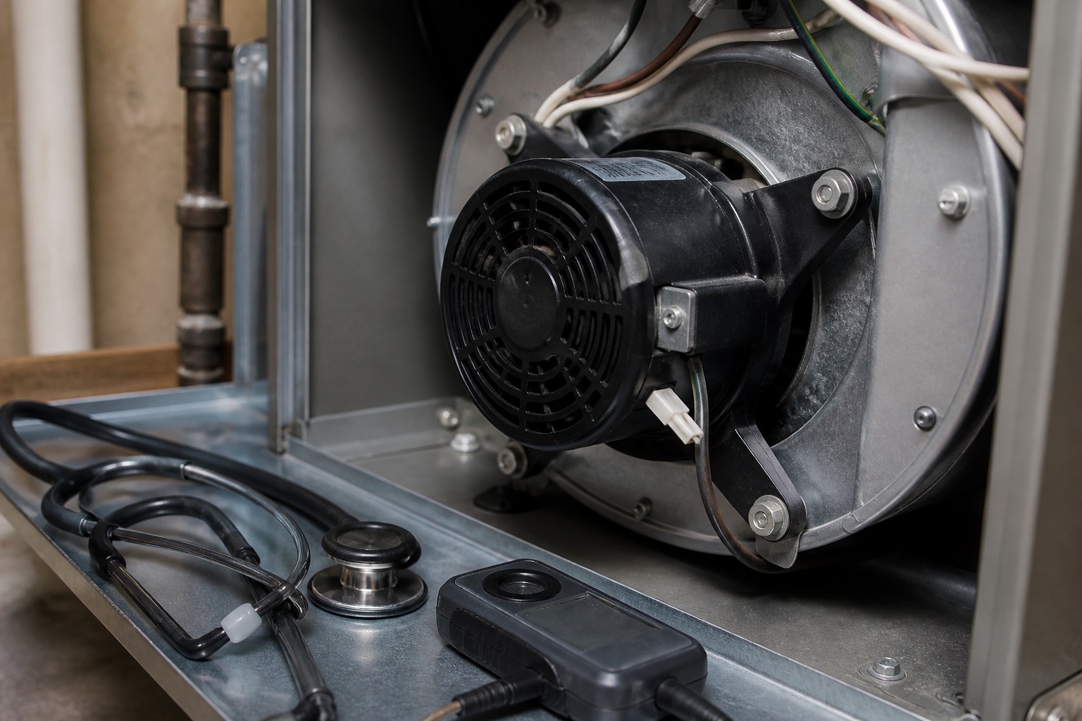 Furnace motor and vibration instruments arranged for unusual-noise diagnosis