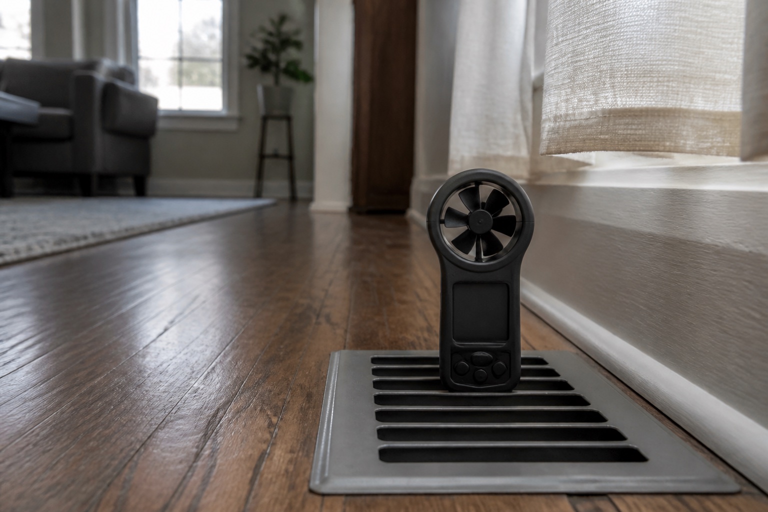 Airflow meter positioned on a floor supply register in a Seattle bungalow