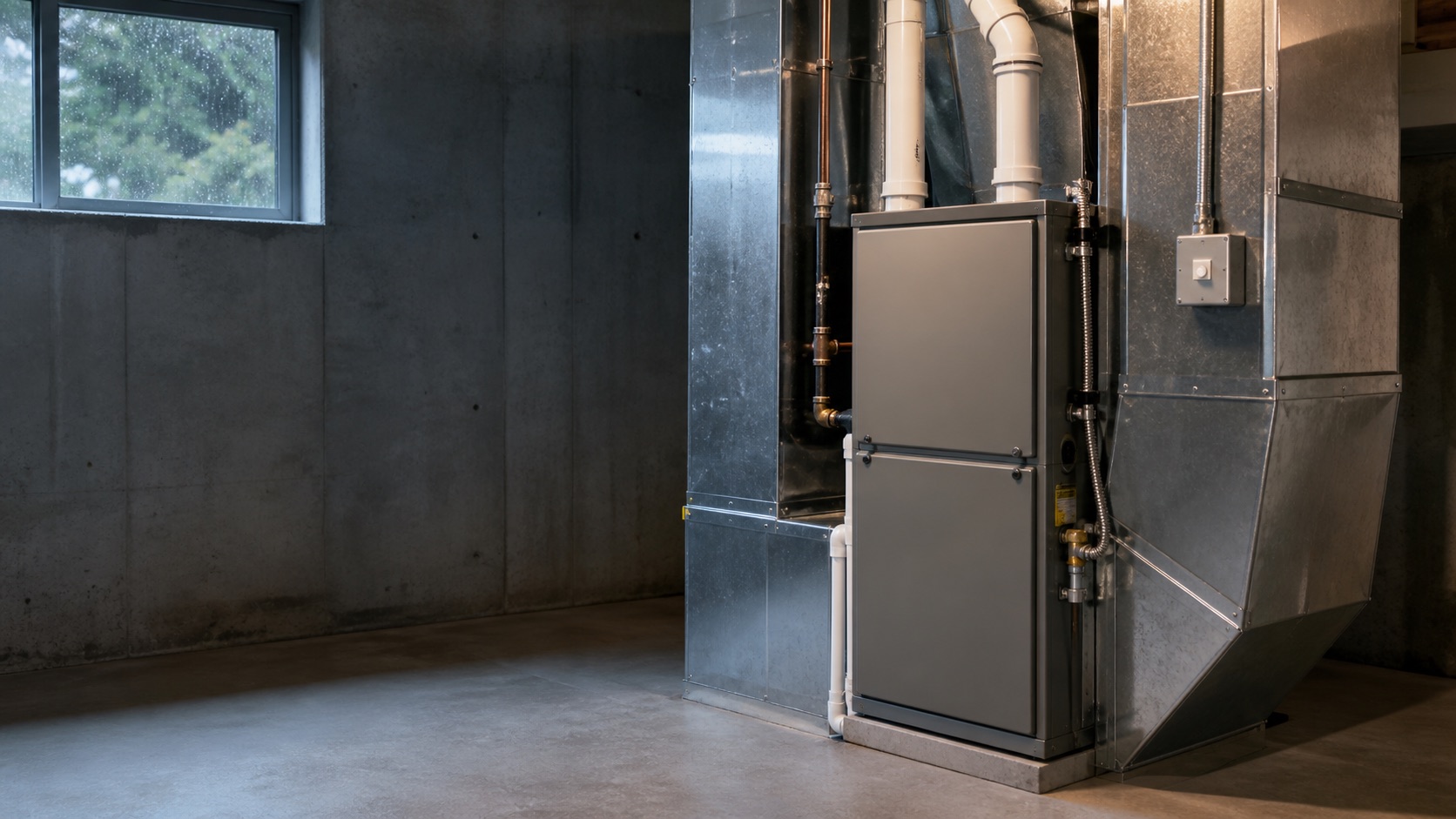 Gas furnace connected to existing ductwork in a residential basement