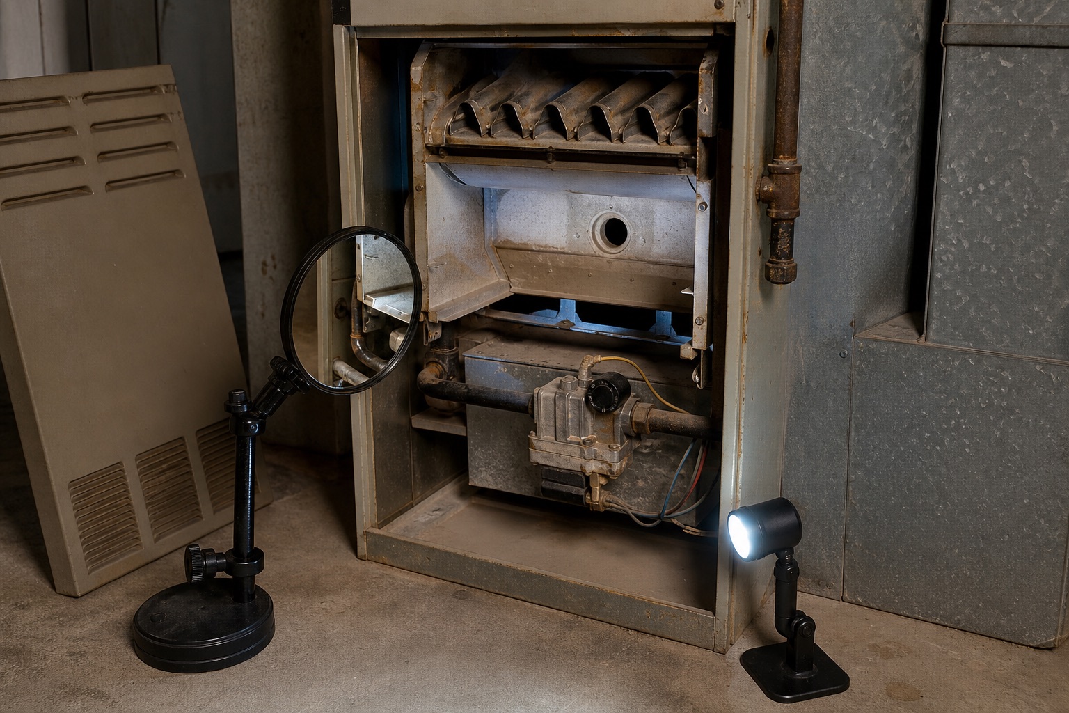 Older gas furnace opened for a heat exchanger safety inspection