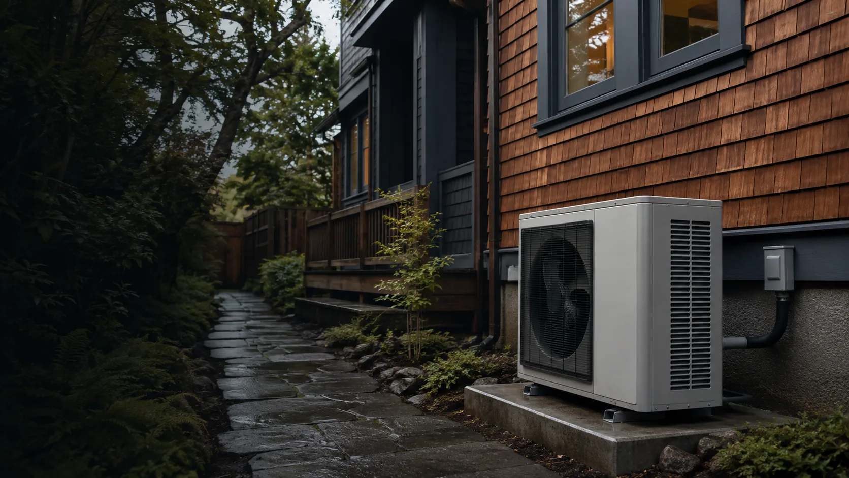 Residential heat pump beside a cedar-sided Ballard home after Seattle rain