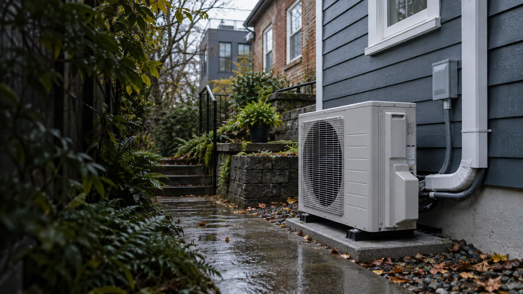 Compact heat pump beside a Fremont home on a wet Seattle side yard