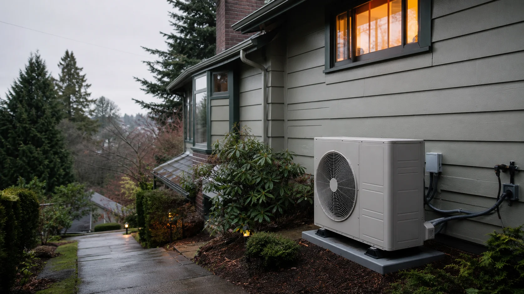 Residential heat pump beside a hillside Magnolia home after Seattle rain