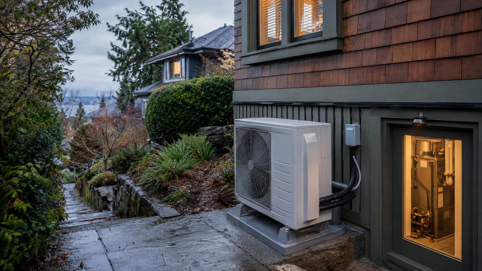 Heat pump and indoor HVAC equipment at a Queen Anne-style Seattle home