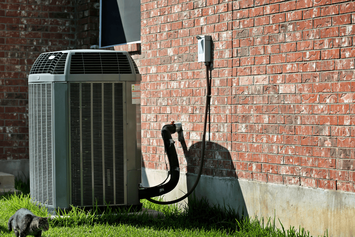 Residential central air conditioner condenser beside a home