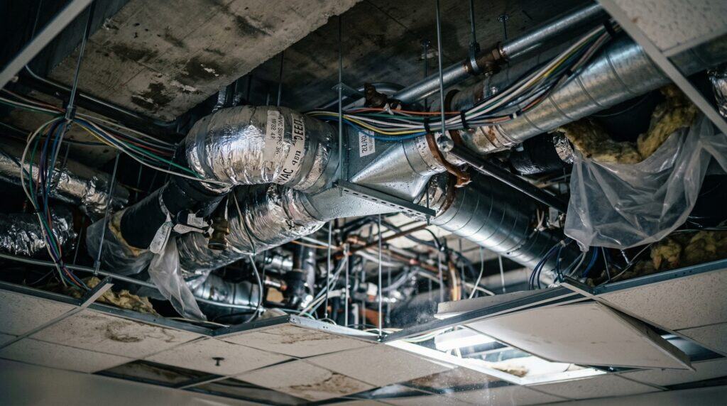 Office ceiling plenum ducts wiring